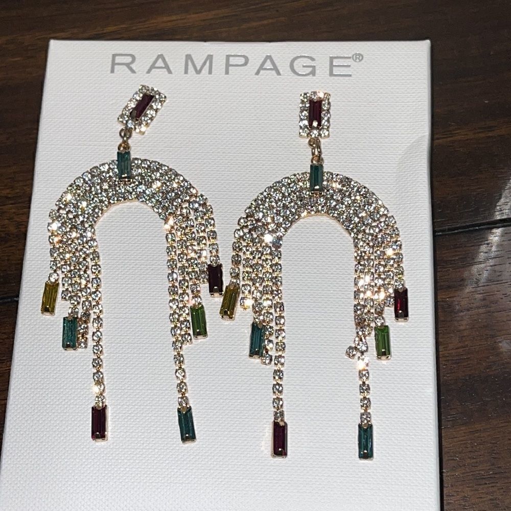 NWT Rampage 4” crystal multi color chandelier earrings